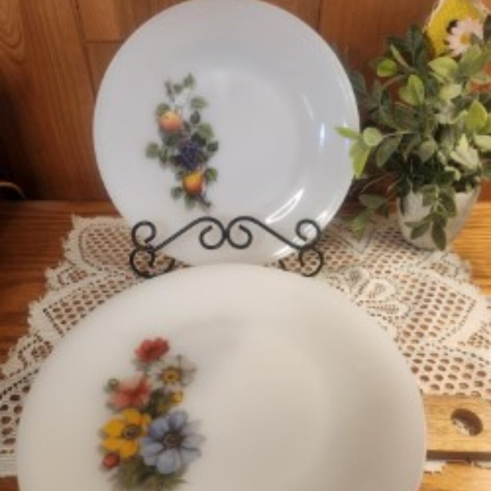 Vintage White Opaline Arcopal Flower and Fruit Plates
